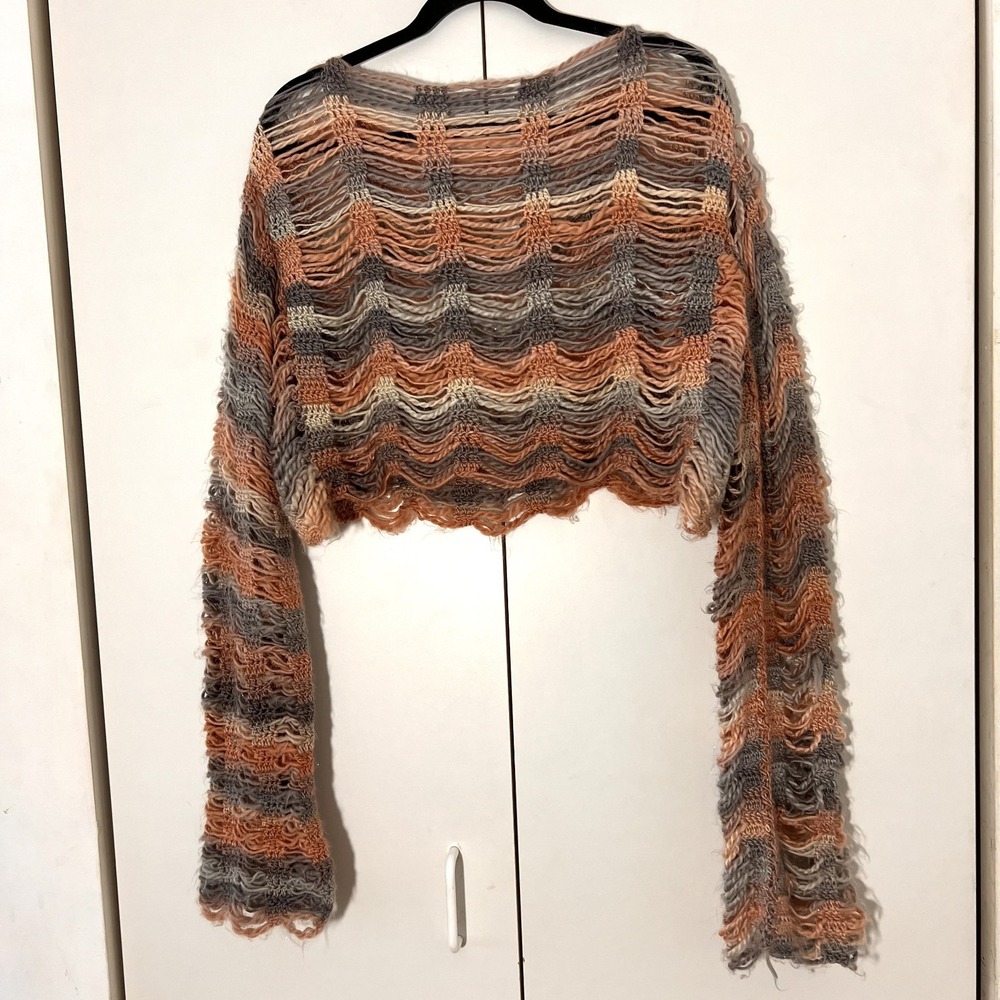 Vintage Y2K Cropped Sweater Womens M Distressed Crochet Open Knit Boho Fairy - Picture 3 of 6